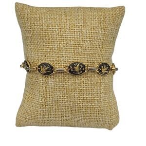Damascene Bracelet Birds and Flowers gold tone and black enamel safety chain 7”